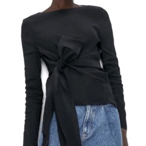 ZARA Black Front Tie Stretch Long Sleeve Top S
